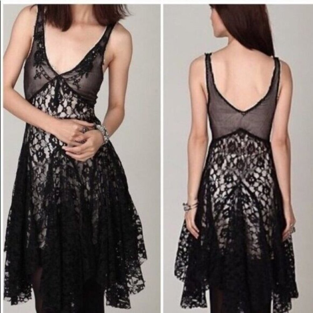Free People One Clara Beaded Lace Black Vintage Formal Fairy Midi Slip Dress S - Picture 2 of 2